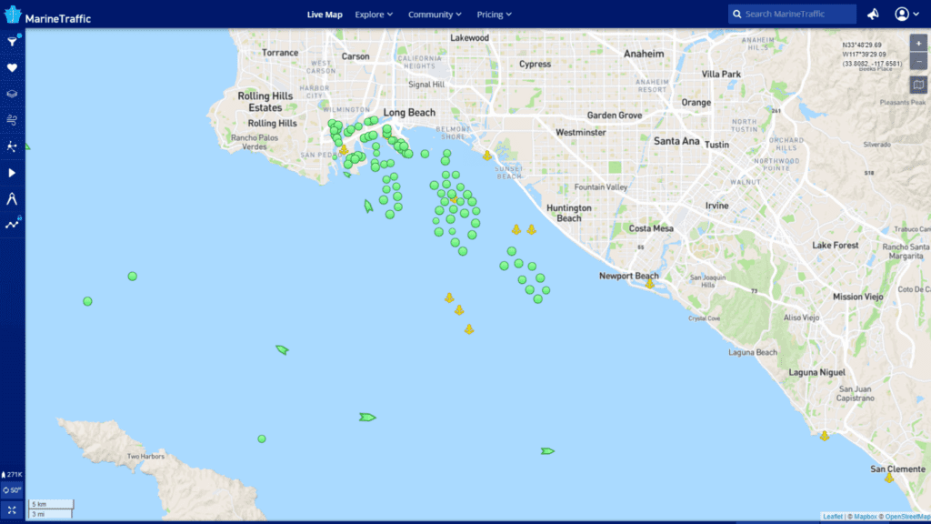 A ship map outside of the Long Beach Port with green dots representing 40 ships waiting to unload or load cargo.